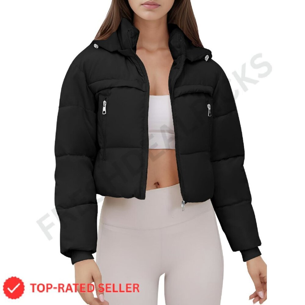 Cropped Puffer Jacket Hooded Winter Coat Chic Minimal Y2K Trendy Outerwear